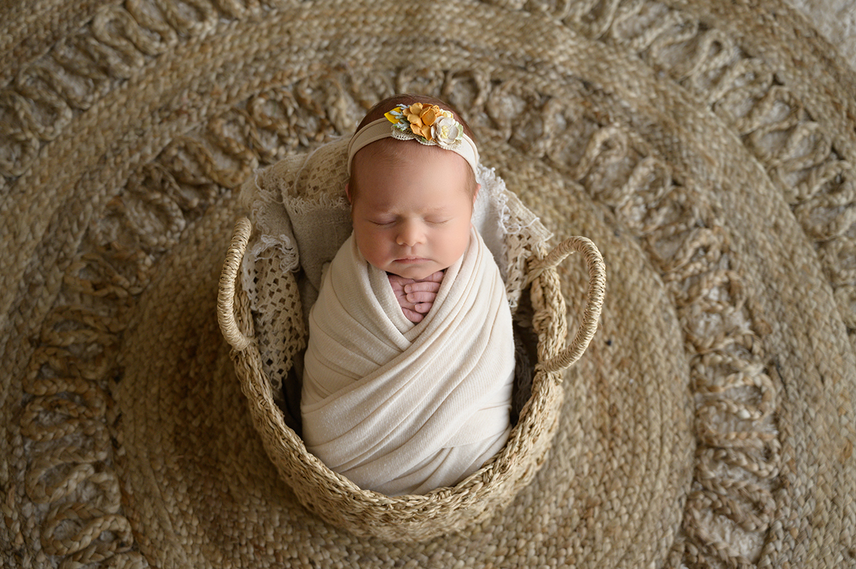 swaddled newborn in basket